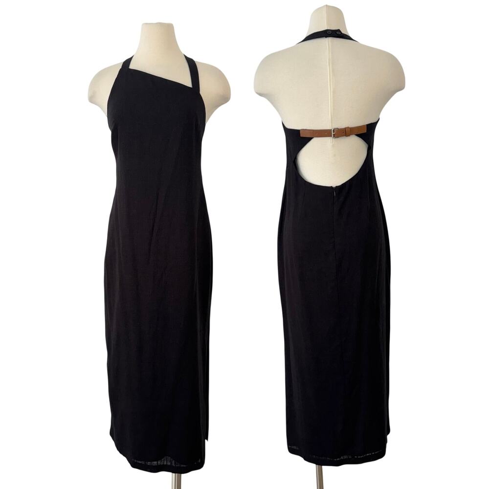 Anthropologie Linen Asymmetrical Halter Midi Dress Belt-Back Column Black S NWT